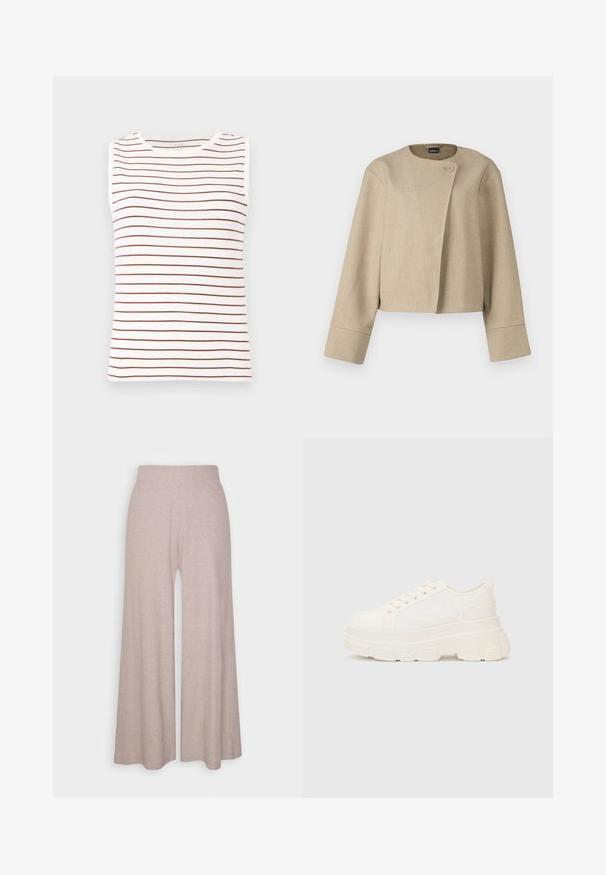 Beige verkürzte Jacke aus strukturiertem Stoff, mit rundem Ausschnitt, einem einzigen Knopfverschluss und weiten Ärmeln.; Ärmelloses Oberteil mit weißem Grund und braunen horizontalen Streifen, aus weichem Stoff, mit rundem Halsauschnitt und figurbetonter Form.; Hellgraue, weit geschnittene Hose aus weichem, geripptem Stoff, mit hohem Bund und langen Beinen, die eine subtile Textur aufweisen.; Weiße Leinensneaker mit einer massiven Sohle, abgerundeter Spitze und fünf Ösen für Schnürsenkel. Hinterer Tab für ein einfaches Anziehen. Glatte Textur, minimalistisches Design.