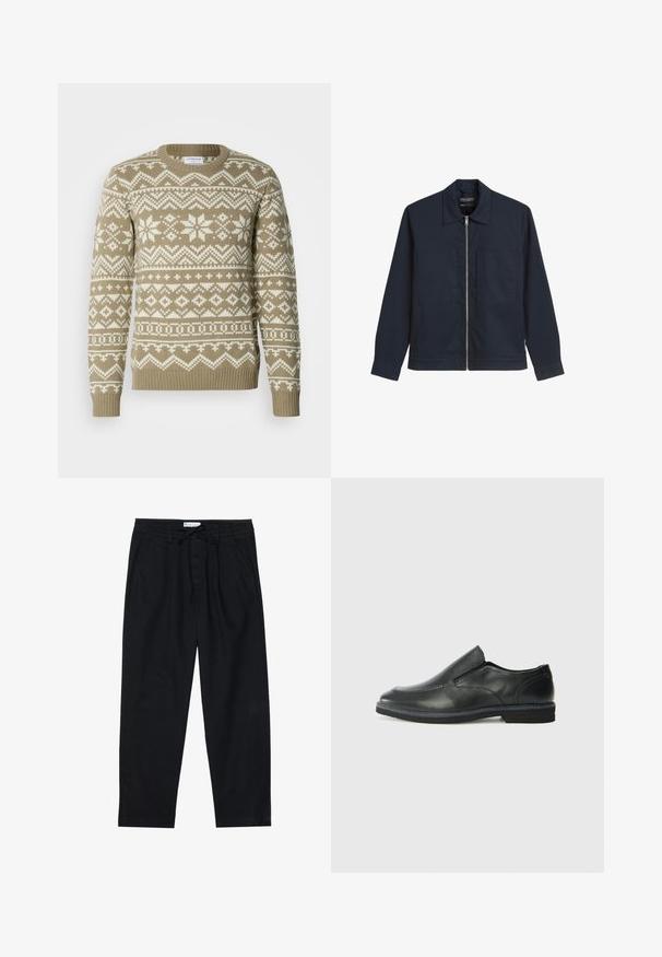 Marineblaue Zip-Jacke aus einem glatten Stoff, mit einem spitzen Kragen, zwei aufgesetzten Taschen vorne und langen Ärmeln mit geknöpften Manschetten.; Strickpullover in sandbeige mit weißen geometrischen und floralen Mustern. Verfügt über einen runden Halsausschnitt sowie gerippte Bündchen und Saum.; Pier One Chino - black; Schwarze Leder-Slipper mit glattem Obermaterial, gesteppten Akzenten, runder Zehenpartie und niedrigem Gummiabsatz. Die Sohle hat ein minimales Profil.