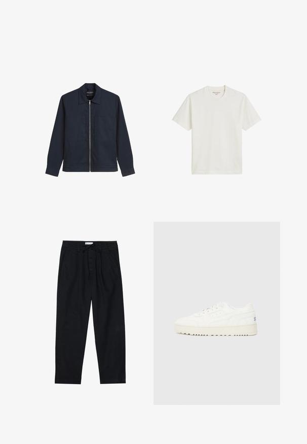 Veste zippée bleu marine en tissu lisse, avec un col pointu, deux poches avant à rabat et des manches longues avec des poignets boutonnés.; T-shirt en coton blanc cassé, design à col rond avec des manches courtes, présentant un ourlet droit et un branding minimal sur l'étiquette.; Pier One Chino - black; Baskets blanches avec une tige en cuir lisse, un bout perforé et des accents texturés. Elles disposent d'une épaisse semelle en caoutchouc et d'un détail de marque minimal.