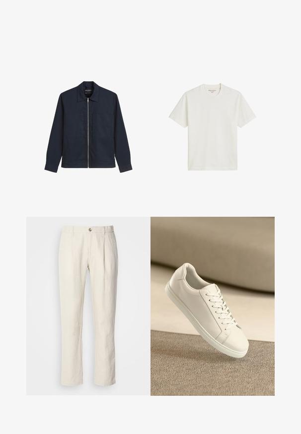 Granatowa kurtka zapinana na zamek z gładkiego materiału, z wyraźnym kołnierzem, dwiema przednimi kieszeniami naszytymi oraz długimi rękawami z guzikami przy mankietach.; Bawełniana koszulka w kolorze ecru, z okrągłym dekoltem i krótkimi rękawami, z prostym wykończeniem u dołu oraz minimalnym logo na metce.; Beżowe spodnie o prostym kroju z zapięciem na guzik, paskiem oraz zaszewkami z przodu.; Białe skórzane sneakersy z białymi sznurówkami, wyeksponowane na beżowej teksturowanej powierzchni oraz z miękkim rozmytym tłem.