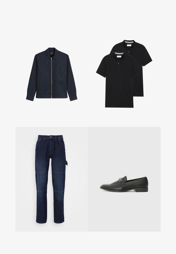 Veste zippée bleu marine en tissu lisse, avec un col pointu, deux poches avant à rabat et des manches longues avec des poignets boutonnés.; Deux polos noirs, à manches courtes, en coton, avec un col classique, une patte de boutonnage à deux boutons, et des accents rayés blancs à l'intérieur du col.; Pantalon en denim bleu foncé avec une coupe droite, doté de deux poches avant, de coutures visibles et d'une étiquette latérale pour un détail fonctionnel.; Mocassin en cuir noir avec une finition lisse, présentant un design cousu et une accent décoratif en chaîne métallique sur le rand. Talon plat.