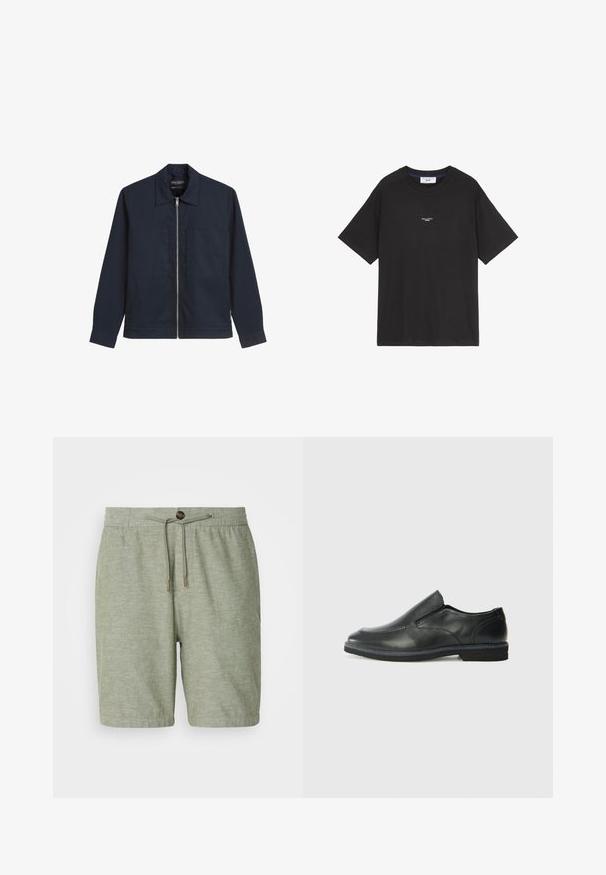 Marineblauwe ritsjack van een gladde stof, met een spitse kraag, twee voorzakken met klep en lange mouwen met knopen aan de manchetten.; Zwarte katoenen T-shirt met een ronde hals en korte mouwen. Beschikt over een klein wit logo op de voorkant. Eenvoudig ontwerp, relaxed fit.; Lichtgroene shorts gemaakt van een gestructureerde stof met een elastische tailleband, een trekkoord en een enkele knoopsluiting.; Zwarte leren instapper met een soepele bovenkant, gestikte accenten, ronde neus en een lage rubberen hak. De zool heeft minimale profiel.