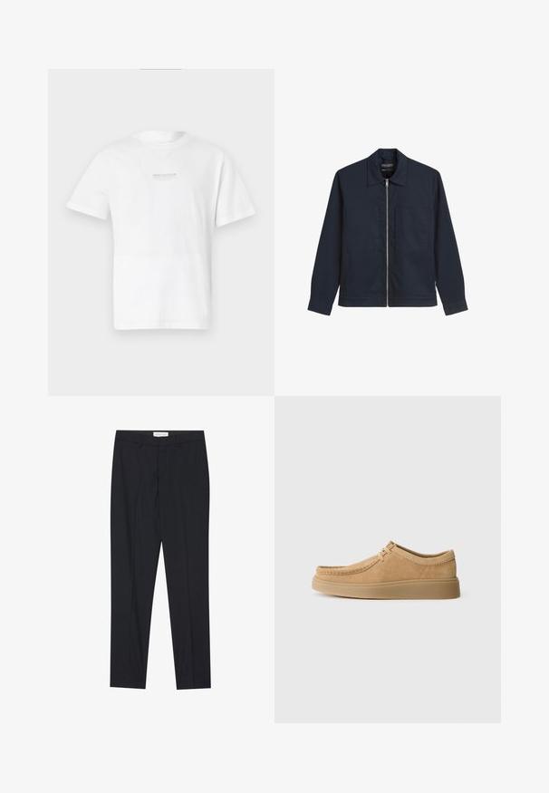 Marineblaue Zip-Jacke aus einem glatten Stoff, mit einem spitzen Kragen, zwei aufgesetzten Taschen vorne und langen Ärmeln mit geknöpften Manschetten.; Weißes Baumwoll-T-Shirt mit kurzen Ärmeln, Rundhalsausschnitt und einem einfachen gedruckten Logo auf der Vorderseite. Glatte Textur und normale Passform.; Schwarze maßgeschneiderte Hose mit flachem Vorderteil, normaler Passform, aus glattem Stoff, mit gebügelten Falten und Seitentaschen.; Wildlederschuhe mit Schnürung in hellbraun, runder Zehenform, gesteppten Details und flacher Gummisohle, die eine glatte Textur zeigen.