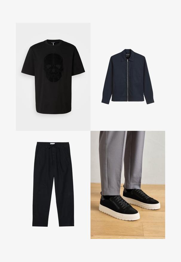 Granatowa kurtka zapinana na zamek z gładkiego materiału, z wyraźnym kołnierzem, dwiema przednimi kieszeniami naszytymi oraz długimi rękawami z guzikami przy mankietach.; Czarna bawełniana koszulka z krótkim rękawem z teksturowanym czarnym wzorem czaszki na przodzie. Okrągły dekolt; prosty krój na dole.; Pier One - Chinosy; Czarne zamszowe sneakersy o teksturowanym wykończeniu, z białą gumową podeszwą i dekoracyjnym zamkiem błyskawicznym z boku, noszone z szarymi spodniami.