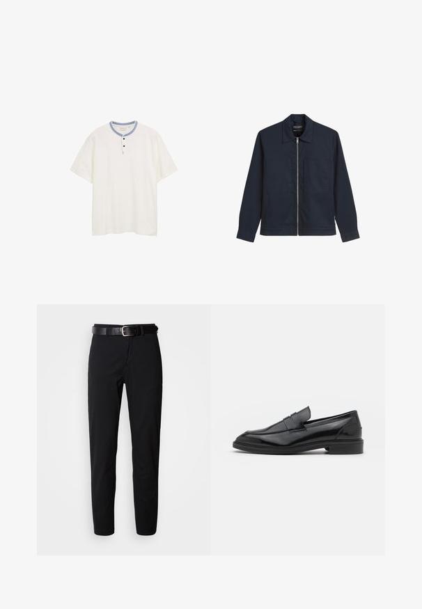 Navy zip-up jacket in a smooth fabric, featuring a pointed collar, two front patch pockets, and long sleeves with buttoned cuffs.; White short-sleeve shirt with a crew neckline, blue accent trim, and three-button placket. Textured fabric with subtle horizontal pattern.; Black trousers with a straight cut, featuring a smooth texture and a black leather belt with a silver buckle. Simple design, no patterns or accents.; Black leather loafers with a smooth finish, featuring a rounded toe and a narrow band across the upper. Low stacked heel.