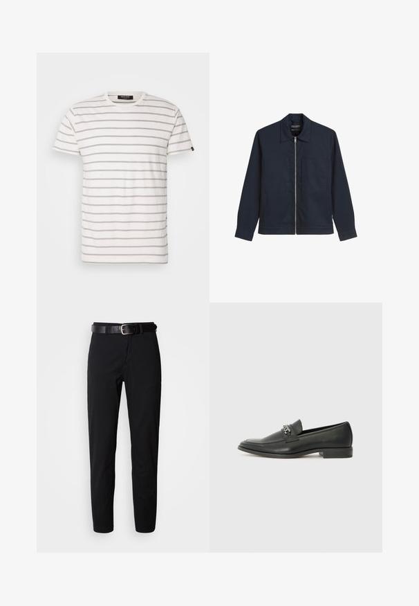 Veste zippée bleu marine en tissu lisse, avec un col pointu, deux poches avant à rabat et des manches longues avec des poignets boutonnés.; T-shirt à manches courtes, col rond, de couleur blanche avec des rayures grises alternées. Tissu doux avec une coupe régulière et une ourlet droit. Étiquette de marque sur le côté.; Pantalon noir à coupe droite, avec une texture lisse et une ceinture en cuir noir avec une boucle en métal argenté. Design simple, sans motifs ni accents.; Mocassin en cuir noir avec une finition lisse, présentant un design cousu et une accent décoratif en chaîne métallique sur le rand. Talon plat.