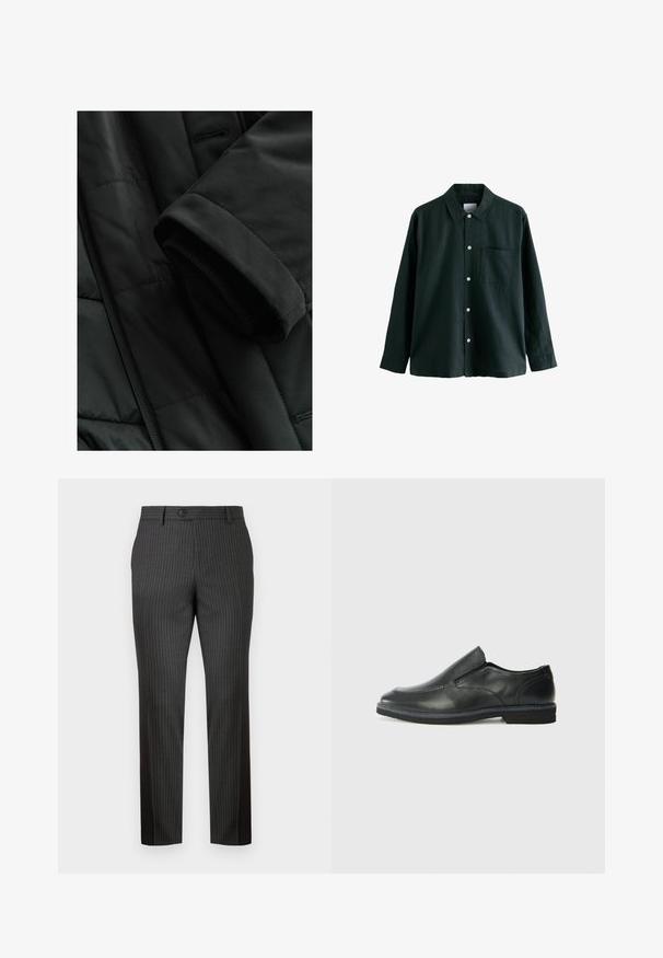 Svart isolerad jacka med slät yta, ribbad manchett och stilren design. Har en kviltad textur och dolda fickor.; Mörkgrön skjorta med knappar, krage, lång ärm och en enda bröstficka; har vita knappar och en mjuk textur.; Grå randiga byxor i ett tyg med en slät textur. Har en framknappsstängning och rak ben-design för en skräddarsydd passform.; Svart lädersko i slip-on-modell med en slät ovandel, sömnadsdetaljer, rund tå och låg gummihäl. Sulan har minimal mönstring.