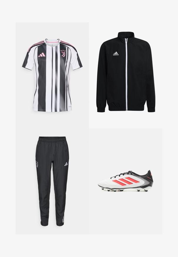 Must must vest, mille kraega, valge tõmblukk, elastsed varrukad ja äär. Vasakul rinnal Adidas logo. Sile kangas.; Juventuse jalgpallidress, millel on vertikaalsed mustad ja valged triibud, roosad aktsendid varrukatel ja logol, valmistatud kerge ja hingava materjali puhul.; adidas Performance LIVERPOOL FC 25/26 EUROPEAN PRESENTATION PANTS - Klubiriided - black; Valged jalgpalliketsad mustade ja punaste aktsentidega, millel on voolujooneline disain, tekstuuriga ülemine osa ja silmapaistev kolme triibu logo külje peal.