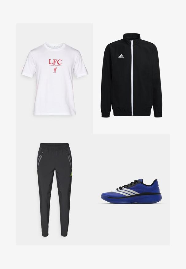 Veste noire zippée avec col montant, fermeture éclair blanche, poignets élastiques et ourlet. Présente le logo Adidas sur la poitrine gauche. Texture du tissu lisse.; T-shirt en coton blanc avec le texte rouge "LFC" et "ANFIELD RD, LIVERPOOL, L4" en dessous, accompagné d'un logo d'oiseau. Manches courtes et col rond.; adidas Performance REAL MADRID TIRO25 PRO VIS TECH TRAVEL PANT - Article de supporter d'équipe de club - black/lucid lemon; adidas Performance ADIZERO SELECT 3.0 - Chaussures de basket - lucid blue/core black/metallic