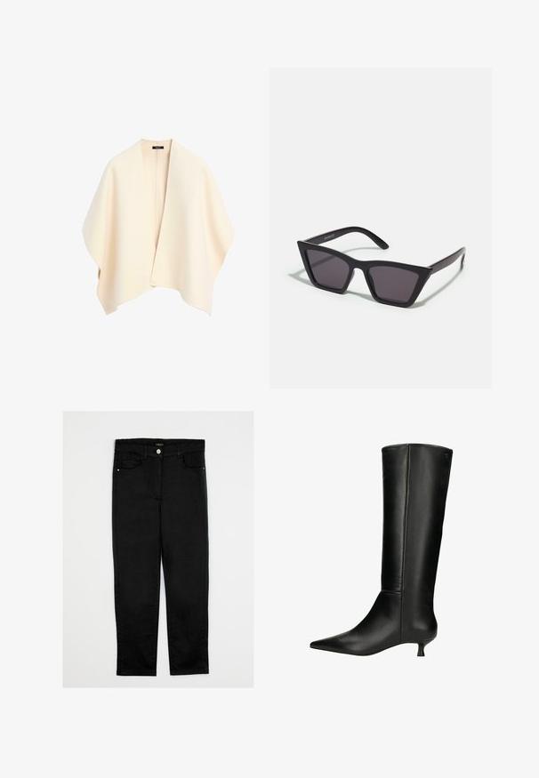Romige wolwikkel, open voorkant, zonder sluitingen. Zachte textuur, gedrapeerd ontwerp en wijde mouwen met afgeronde randen. Minimalistische stijl.; Zwarte longsleeve t-shirt van zacht, soepel stof. Heeft een ronde halslijn en aansluitende mouwen met een rechte zoom. Minimalistisch ontwerp.; Zwarte denim broek met een recht model, voorzien van een middelhoog taille, vijf zakken en een sluiting met een knoop aan de voorkant. Gladde textuur, geen zichtbare patronen.; Zwarte kniehoge laarzen van glad leer, met een spitse neus en een lage kittenheel. Slank, aansluitend ontwerp met minimale details.; Zwarte, hoekige zonnebril met grijze lenzen; gemaakt van plastic, met dikke armen met een gladde oppervlakte en zonder zichtbare hardware.; Donkerbruine leren handtas met een gestructureerd oppervlak, twee korte handvatten, een gespdetail en een gestructureerde vorm.