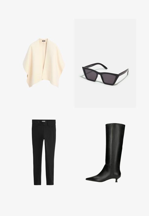 Wrap in lana crema, aperto davanti, senza chiusure. Texture morbida, design drappeggiato e maniche ampie con bordi arrotondati. Stile minimalista.; T-shirt nera a maniche lunghe in tessuto morbido e liscio. Presenta un colletto rotondo e maniche aderenti con orlo dritto. Design minimalista.; Leggings neri realizzati in tessuto elasticizzato con un design aderente. Presentano una vita classica e tasche frontali, texture liscia e senza pattern.; Stivali neri al ginocchio, realizzati in pelle liscia, con punta affusolata e tacco basso a kitten. Design elegante e aderente con dettagli minimi.; Occhiali da sole neri e angolari con lenti grigie; realizzati in plastica, con aste spesse dalla superficie liscia e senza hardware visibile.