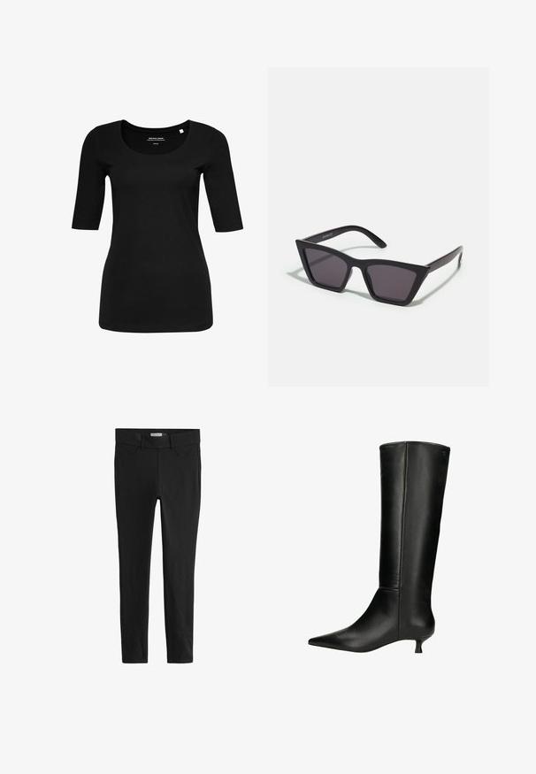 Romige wolwikkel, open voorkant, zonder sluitingen. Zachte textuur, gedrapeerd ontwerp en wijde mouwen met afgeronde randen. Minimalistische stijl.; Zwarte, getailleerde t-shirt met een ronde halslijn en driekwartmouwen, gemaakt van een soepele, rekbare katoenmix. Geen zichtbare patronen of versieringen.; Zwarte legging gemaakt van rekbaar materiaal met een aansluitend ontwerp. Het heeft een klassieke tailleband en voorkeurszakken, een gladde textuur en geen patronen.; Zwarte kniehoge laarzen van glad leer, met een spitse neus en een lage kittenheel. Slank, aansluitend ontwerp met minimale details.; Zwarte, hoekige zonnebril met grijze lenzen; gemaakt van plastic, met dikke armen met een gladde oppervlakte en zonder zichtbare hardware.
