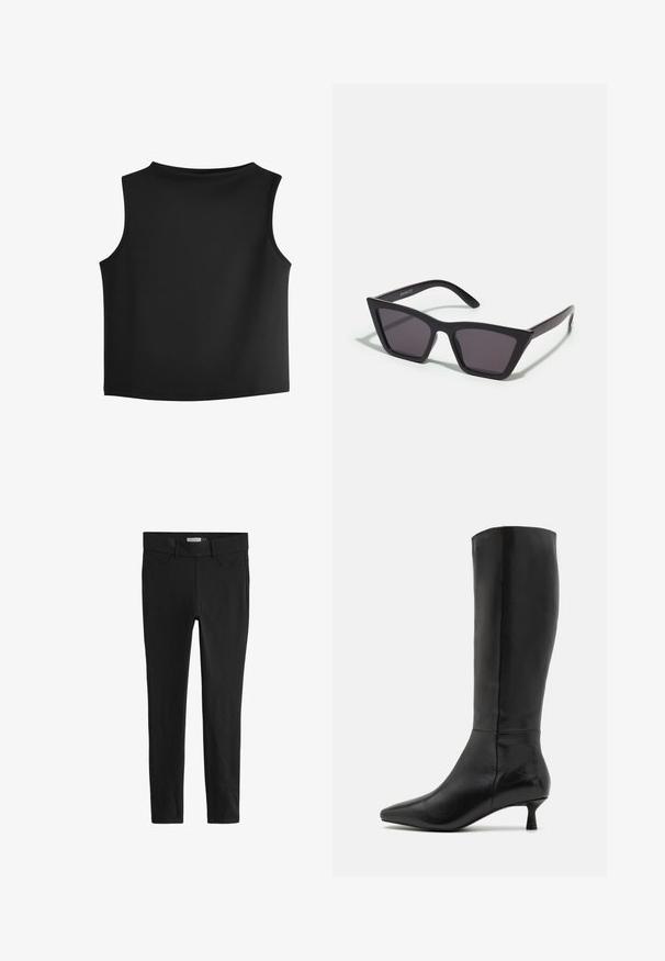 Écharpe en laine crème, devant ouvert, sans fermetures. Texture douce, design drapé et manches larges avec bords arrondis. Style minimaliste.; Haut sans manches noir avec un col rond, fabriqué dans un tissu extensible et lisse. Il présente des coutures épurées et minimales ainsi qu'un ourlet droit.; Leggings noirs en tissu extensible avec un design ajusté. Dotés d'une taille classique et de poches avant, texture lisse et sans motifs.; Zign Bottes - black; Lunettes noires angulaires avec des verres gris ; fabriquées en plastique, avec des branches épaisses à la surface lisse et sans matériel visible.