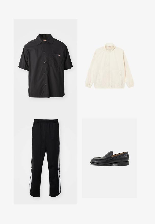 Könnyű, krémszínű, cipzáros dzseki elasztikus mandzsettákkal és aljjal, két oldalzsebbel és diszkrét textúrált mintázattal a felületen.; Fekete, rövid ujjú, gombos ing, pamutból készült, egyetlen mellzsebbel és logóval ellátva. Sima tapintású és laza szabású.; Fekete sportnadrág sima anyagból, fehér oldalcsíkokkal és kényelmes gumis derékkal. Nincs figyelemre méltó részlet vagy minta.; Fekete bőr loaferek sima felülettel, lekerekített orral és díszítő varrással a lábfejen. Alacsony, réteges sarkú és enyhe fényű.