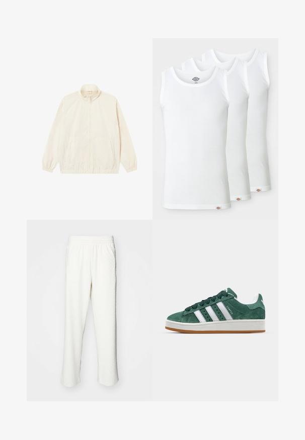Viegls, krēmkrāsas krekls ar rāvējslēdzēju, elastīgiem elastīgajiem piedurknēm un apakšmalu, divām sānu kabatām un smalku teksturētu rakstu visā virsmā.; Trīs baltas t-krekli ar ribotu kokvilnu. Katrā ir apaļa izgriezums un mazs logotipa tagiņš apakšmalā. Klasisks, vienkāršs dizains.; Baltas bikses ar tekstūru, ar elastīgu jostas vietu un taisnu griezumu. Mīksts, viegls materiāls, piemērots ikdienas valkāšanai.; Zaļi samta kedu ar baltām ādas svītrām, gumijas zoli, mīkstinātu apkaklīti un minimālistisku dizainu. Satur zīmolu uz sāniem.