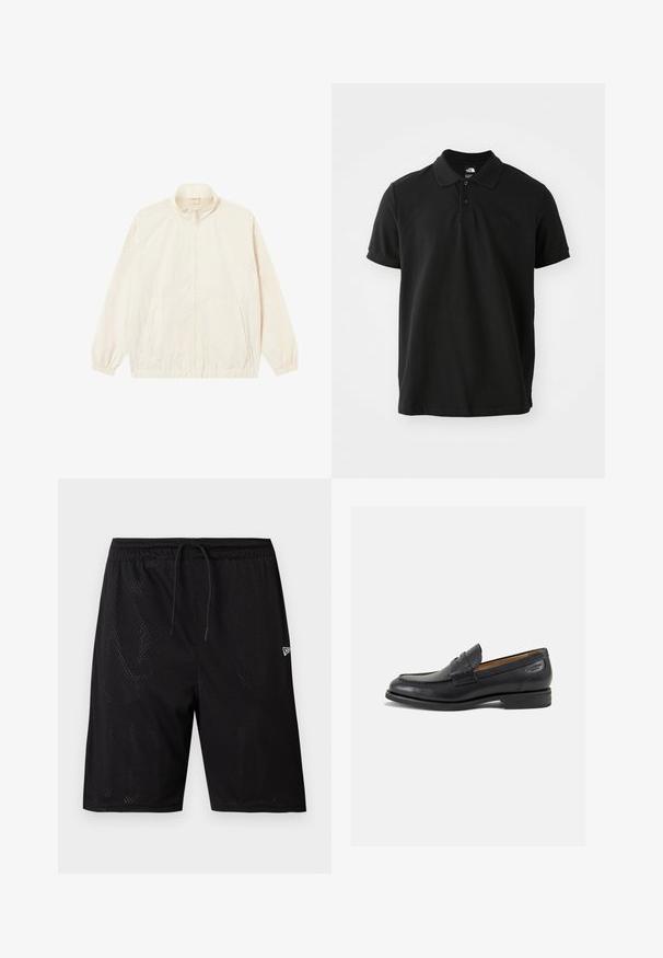 Lightweight, cream zip-up jacket with elastic cuffs and hem, two side pockets, and a subtle textured pattern throughout.; Black polo shirt made of cotton, featuring a classic collar, short sleeves, and a subtle, dark logo on the chest. Smooth texture.; Black mesh sports shorts with a drawstring waist, featuring a perforated texture and a small white logo on the lower right side.; Black leather loafers with a smooth finish, rounded toe, and decorative stitching on the vamp. Low stacked heel and slight shine.