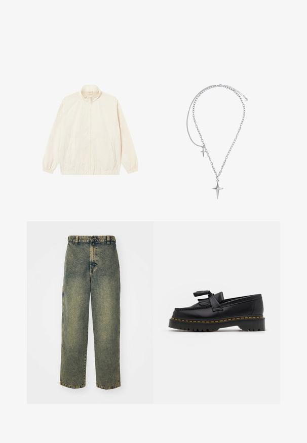Lahka kremna jakna na zadrgo s elastičnimi manšetami in robom, dvema stranskima žepoma in subtilnim teksturiranim vzorcem po celotni površini.; Črna dolga majica s kratkimi rokavi henley iz mehkega blaga, ki ima gumbasto zaponko, okroglo ovratnico in oprijete rokave.; Baggy jeans iz jeansa v zbledi modri in zeleni barvi. Imajo zaponko na gumb, zanke za pas in stranske žepe. Imajo ravno sprednjo in ravno nogo obliko.; Črne usnjene loafersice s kaširanim naglasom, z debelim črnim podplatom in rumenim šivom ob robu. Teksturirana površina.; Heideman LUCA - Verižica - silberfarben poliert