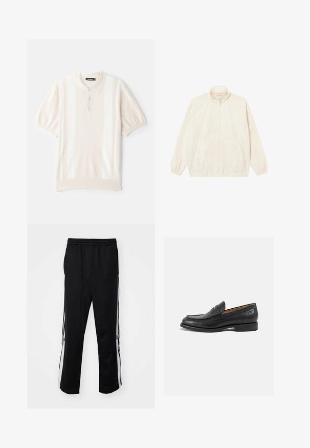 Lekka, kremowa kurtka na zamek z elastycznymi mankietami i dolnym końcem, dwoma bocznymi kieszeniami oraz subtelnym, teksturowanym wzorem na całej powierzchni.; Kremowa koszulka polo z krótkim rękawem o gładkiej teksturze, z trzema guzikami, delikatnymi poziomymi paskami i klasycznym wzornictwem kołnierza.; Czarne spodnie sportowe z gładkiego materiału, z białymi paskami po bokach i elastycznym pasem dla większego komfortu. Brak wyraźnych detali lub wzorów.; Czarne skórzane mokasyny o gładkim wykończeniu, zaokrąglonym nosku i dekoracyjnym przeszyciu na cholewce. Niski, warstwowy obcas i delikatny połysk.
