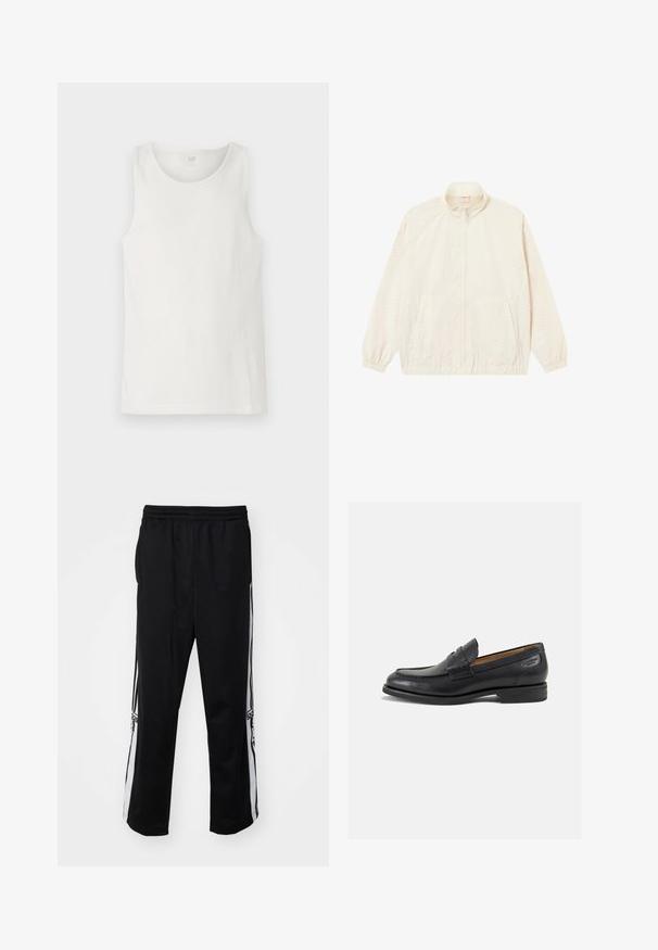 Lightweight, cream zip-up jacket with elastic cuffs and hem, two side pockets, and a subtle textured pattern throughout.; White sleeveless tank top made of ribbed fabric, featuring a rounded neckline and clean edges. Label at the center back reads "GAP."; Black athletic pants made of smooth fabric, featuring white side stripes and an elastic waistband for comfort. No notable details or patterns.; Black leather loafers with a smooth finish, rounded toe, and decorative stitching on the vamp. Low stacked heel and slight shine.