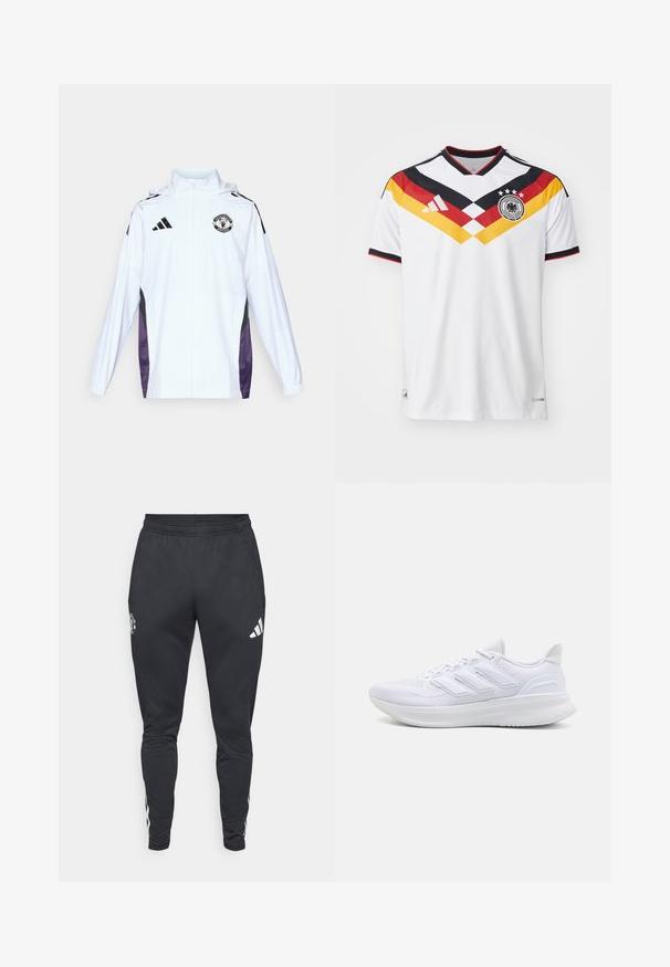 Giacca bianca con zip, dotata di pannelli laterali neri e viola. Presenta il logo Adidas e il crest del Manchester United sul petto. Materiale leggero.; Maglia da football bianca con scollo a V, caratterizzata da strisce diagonali nere, rosse e gialle, un logo della squadra e un motivo a trama.; Pantaloni sportivi neri con vita elastica, tasche laterali con zip e strisce bianche Adidas lungo i lati. Presentano un logo sulla coscia.; Scarpe sportive bianche con tomaia in mesh texturato, suola ammortizzata e supportiva, e design a tre strisce sul lato.