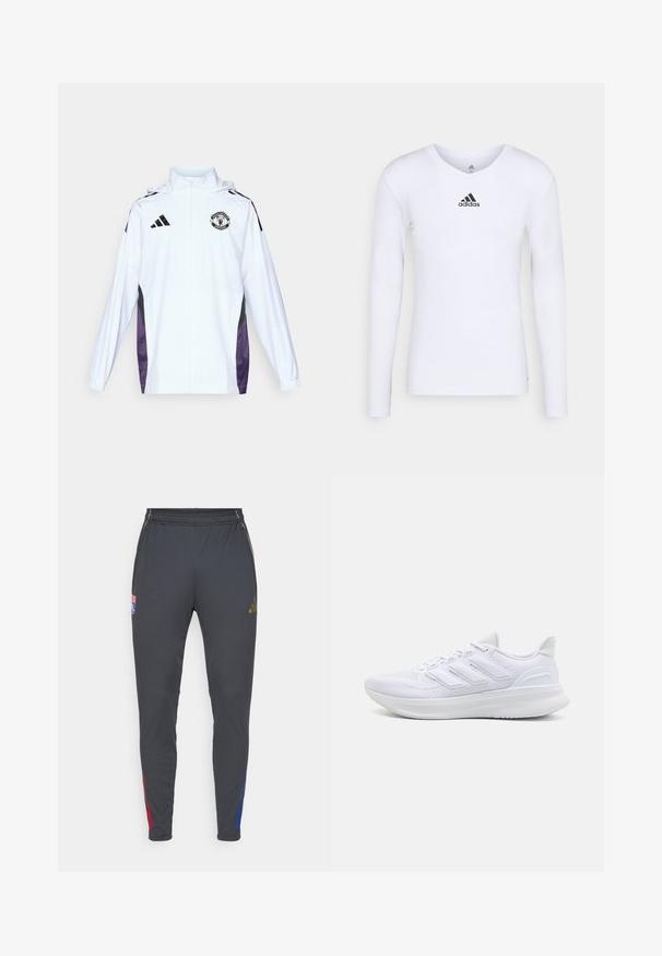 White zip-up jacket with black and purple side panels. Features Adidas logo and Manchester United crest on the chest. Lightweight material.; Long-sleeve white athletic shirt made of smooth material featuring a black Adidas logo at the chest; V-neck design and fitted shape.; Gray athletic pants with a slim fit, featuring red and blue side accents, an elastic waistband, and embroidered logo on the front.; White athletic shoes featuring a textured mesh upper, supportive cushioned sole, and three stripe design on the side.