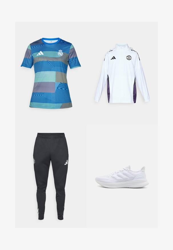 Bílá zipová bunda s černými a fialovými bočními panely. Na hrudi se nachází logo Adidas a znak Manchester United. Lehký materiál.; Modrá fotbalová dres s geometrickým vzorem v různých odstínech modré a zelené, krátké rukávy, kulatý výstřih a logo Adidas.; Černé sportovní tepláky s elastickým pasem, zapínacími bočními kapsami a bílými pruhy Adidas po stranách. Na stehně má logo.; Bílé sportovní boty s texturovaným síťovaným svrškem, podpůrnou polstrovanou podrážkou a třemi pruhy na boku.