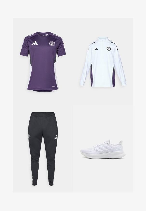 Bijela jakna sa zipom s crnim i ljubičastim bočnim panelima. Sadrži Adidas logo i grb Manchester Uniteda na prsima. Lagani materijal.; Ljubičasta Manchester United majica s kratkim rukavima, s Adidas logom i bijelim bočnim akcentima. Izrađena od materijala koji odvlači vlagu.; Crne atletske trenirke s elastičnim pojasom, bočnim džepovima sa zatvaračem i bijelim Adidas trakama duž strana. Ima logo na butini.; Bijele atletske cipele s gornjim dijelom od teksturirane mrežice, potporanom uteznom sredinom i dizajnom s tri pruge sa strane.