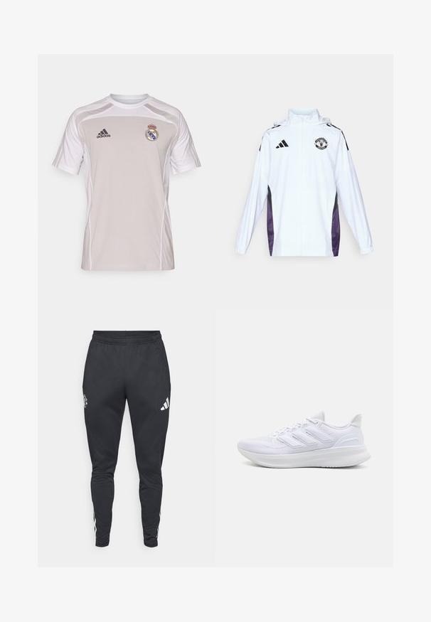 Giacca bianca con zip, dotata di pannelli laterali neri e viola. Presenta il logo Adidas e il crest del Manchester United sul petto. Materiale leggero.; Maglietta atletica grigia con maniche corte, dettagli bianchi, logo Adidas e emblema del Real Madrid sul lato sinistro del petto. Tessuto leggero.; Pantaloni sportivi neri con vita elastica, tasche laterali con zip e strisce bianche Adidas lungo i lati. Presentano un logo sulla coscia.; Scarpe sportive bianche con tomaia in mesh texturato, suola ammortizzata e supportiva, e design a tre strisce sul lato.