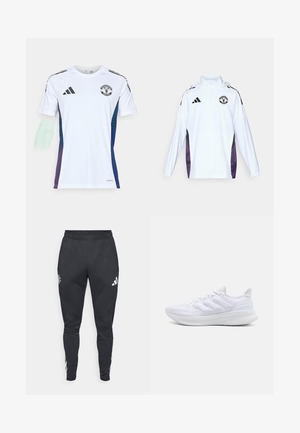 Valkoinen vetoketjullinen takki mustilla ja purppuraisilla sivupaneeleilla. Varustettu Adidas-logolla ja Manchester Unitedin vaakunalla rintataskussa. Kevyt materiaali.; Valkoinen urheilu pelipaita mustilla Adidas-raidalla, Manchester Unitedin logo rinnassa, sinisestä purppuraan liukuvia korostuksia sivuilla, valmistettu kevyestä materiaalista.; Mustat urheiluhousut, joissa on joustava vyötärö, vetoketjulliset sivutaskut ja valkoiset Adidas-raidat sivuilla. Housuissa on logo reidessä.; Valkoiset urheilukengät, joissa on teksturoitu verkkomateriaali ylhäällä, tukevat pehmustetut pohjat ja kolme raitaa sivussa.
