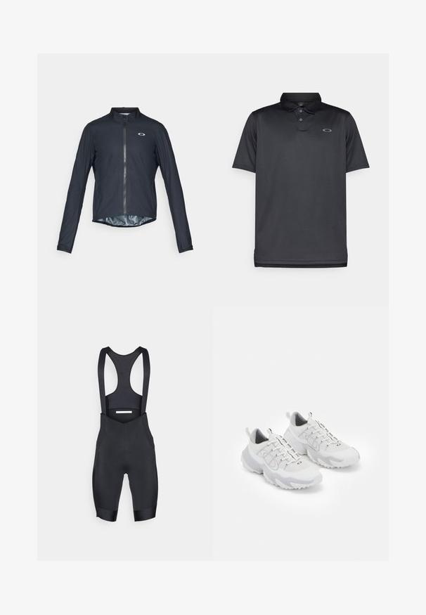 Schwarze Langarm-Radjacke aus leichtem Material, mit durchgehendem Reißverschluss vorne und einem reflektierenden Logo auf der linken Brustseite.; Schwarzes Polo-Shirt aus glattem Stoff, mit Kragen, drei Knöpfen, kurzen Ärmeln und einem kleinen grauen Logo auf der linken Brust.; Schwarze Radsport-Bibshorts aus dehnbarem Stoff, mit verstellbaren Trägern, einem Netzrücken und einem gepolsterten Sitz für zusätzlichen Komfort.; Weiße Sportschuhe mit einem Obermaterial aus Netzgewebe, grauen Akzenten, einer strukturierten Gummisohle und Zuglaschen an der Ferse; verfügt über ein Schnürdesign.