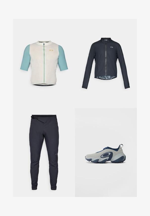 Juodas ilgomis rankovėmis dviratininkų džemperis, pagamintas iš lengvos medžiagos, su pilnu priekiu užtrauktuku ir atspindinčiu logotipu kairėje krūtinės pusėje.; Trumpas rankovės dviratininkų marškinėliai baltos ir teal spalvos. Pavyzdžiai su užtrauktuku priekyje, suapvalintu juosmeniu ir subtiliu logotipu kairėje krūtinės pusėje. Tekstūruoti audinio rankovės.; Tamsiai pilkos sportinės kelnės su siaurėjančiu dizainu, su priekiniais užtrauktukais, reguliuojamu juosmeniu ir subtiliu logotipu ant kairės kojos.; Bateliai su pilku viršumi ir tamsiai mėlynais akcentais, turi kreivą dizainą, lygų tekstūrą ir masyvų pado, padengtą guminėmis mėlynomis gumbeliais.
