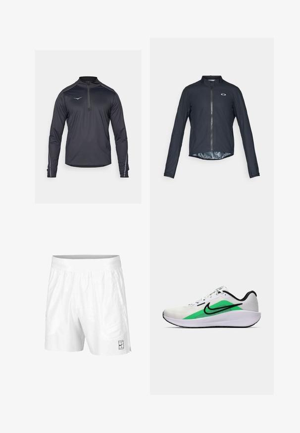 Casaco de ciclismo preto de mangas compridas, feito de um tecido leve, com um fecho frontal completo e um logótipo refletor no lado esquerdo do peito.; Camisola preta de manga longa com fecho de zíper de quartzo e colarinho alto, apresenta accents refletivos e um tecido liso e leve.; Calções atléticos brancos feitos de um tecido leve com um cós elástico, apresentando dois bolsos laterais e um pequeno logotipo preto na bainha.; Shoe desportivo branco com um destaque verde, logótipo preto, parte superior em malha, sola almofadada e um salto arredondado. Apresenta atacadores e detalhes em contraste.