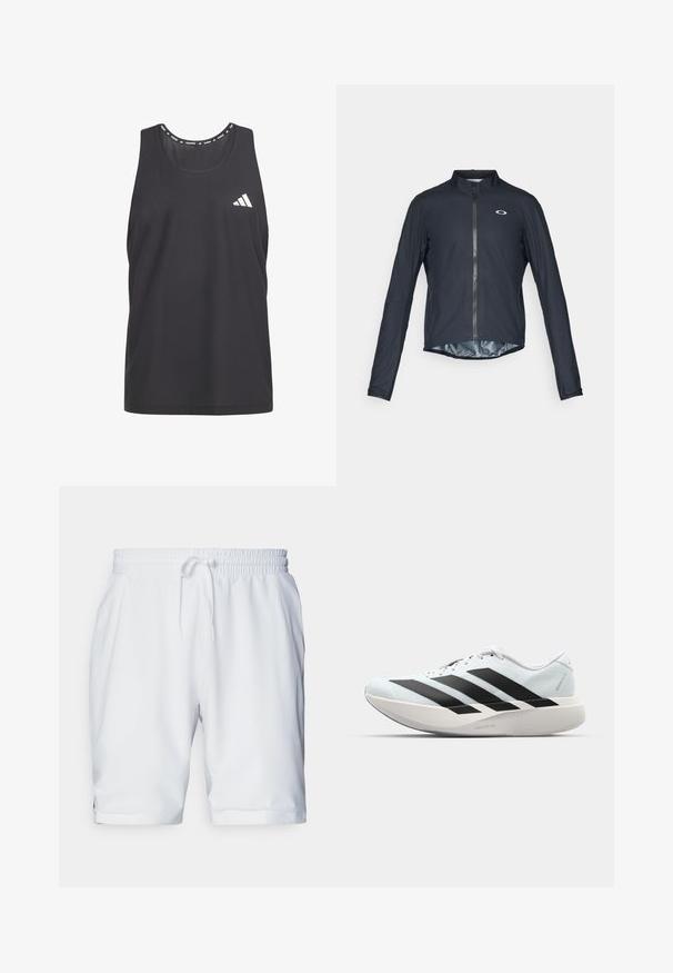 Giacca da ciclismo nera a maniche lunghe realizzata in tessuto leggero, con zip frontale completa e logo riflettente sul lato sinistro del petto.; Top sportivo nero con materiale in rete traspirante, scollo rotondo e logo Adidas bianco sul petto sinistro.; Shorts atletici bianchi con vita elastica e coulisse regolabile. Tessuto morbido con una texture sottile, dotati di tasche laterali.; Scarpe da corsa leggere di colore azzurro pallido con strisce nere. Presentano una tomaia liscia, punta rotonda e un'ampia intersuola bianca etichettata "LIGHTSTRIKE PRO."