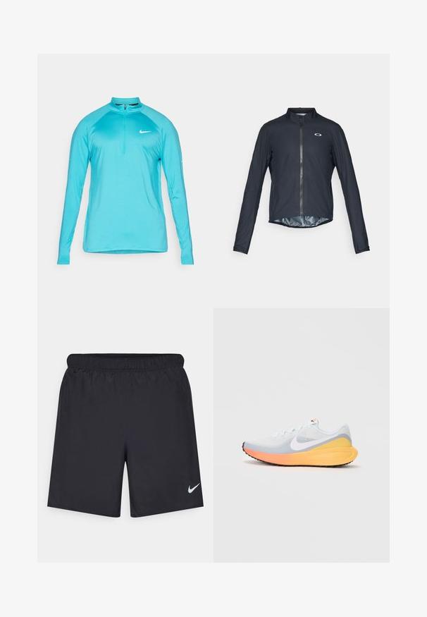 Schwarze Langarm-Radjacke aus leichtem Material, mit durchgehendem Reißverschluss vorne und einem reflektierenden Logo auf der linken Brustseite.; Helles türkisfarbenes Nike Langarm-Sportoberteil mit Viertelreißverschluss und weißem Swoosh-Logo auf der Brust, vor schlichtem Hintergrund präsentiert.; Schwarze sportliche Shorts aus leichtem Material mit einem elastischen Bund. Auf der unteren linken Seite befindet sich ein kleines weißes Nike-Logo.; Hellblaue Laufschuhe mit einem atmungsaktiven Mesh-Obermaterial. Mit einem weißen Swoosh, orangefarbener und gelber Zwischensohle sowie einer schwarzen Außensohle für besseren Halt.