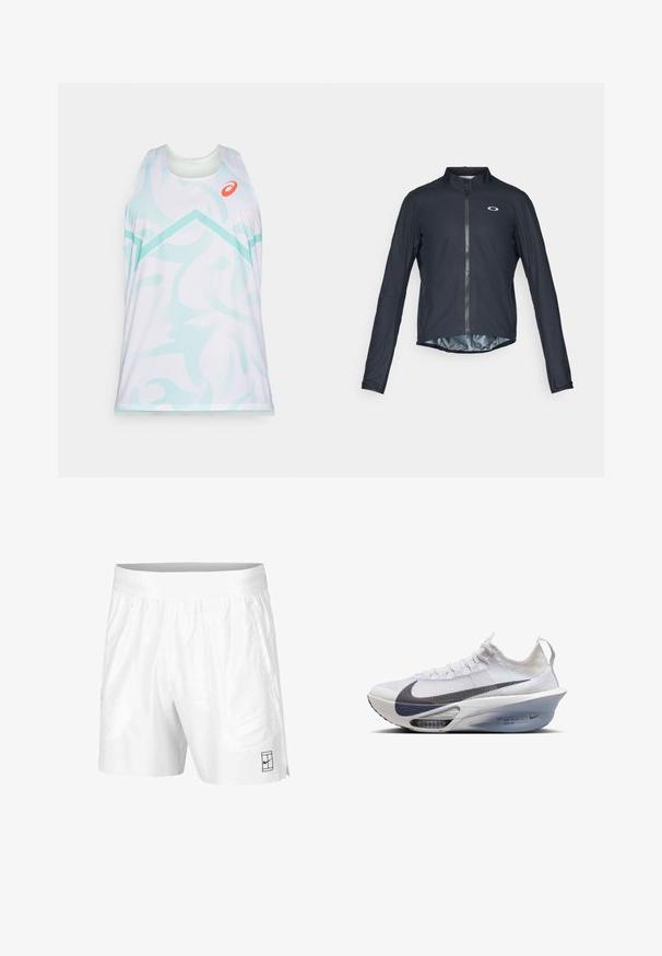 Czarna, długorękawowa kurtka rowerowa wykonana z lekkiego materiału, z pełnym zamkiem z przodu i odblaskowym logo na lewej piersi.; Bezramionowy sportowy tank top w białym kolorze z jasnoniebieskimi, abstrakcyjnymi wzorami, z okrągłym dekoltem i pomarańczowym akcentem logo na klatce piersiowej.; Białe sportowe szorty wykonane z lekkiego materiału, z elastycznym pasem, wyposażone w dwie boczne kieszenie oraz małe czarne logo na dolnym brzegu.; Białe buty do biegania Nike z szarym logo Swoosh, o smukłej sylwetce, przezroczystą podeszwą środkową i widoczną amortyzacją powietrzną.