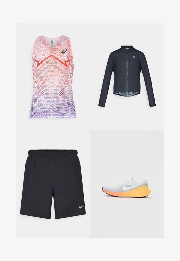 Casaco de ciclismo preto de mangas compridas, feito de um tecido leve, com um fecho frontal completo e um logótipo refletor no lado esquerdo do peito.; Top atlético sem mangas em gradiente rosa e roxo, apresentando padrões geométricos e um logótipo preto. Feito de tecido leve e respirável.; Calças de desporto pretas feitas de material leve com uma cintura elástica. Apresenta um pequeno logótipo branco da Nike no canto inferior esquerdo.; Sapatilha de corrida azul clara com um upper de malha respirável. Apresenta um swoosh branco, entressola laranja e amarela, e sola preta para tração.