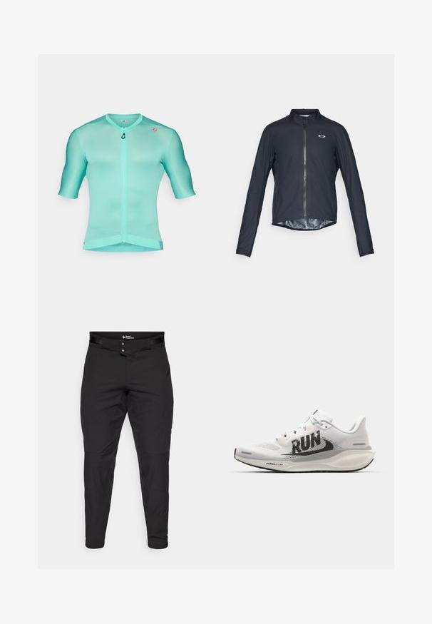 Musta pitkähihaisena pyöräilytakki, joka on valmistettu kevyestä kankaasta. Takissa on täysipitkä vetoketju ja heijastava logo vasemmassa rinnassa.; Pyöräilypaita, jossa on lyhyet hihat, vaalean akvamarin värinen, valmistettu sileästä, hengittävästä kankaasta, etuvetoketjulla ja litteillä saumoilla mukavuutta varten.; Musta ulkoiluhousut, jotka on valmistettu kevyestä materiaalista. Ominaisuuksiin kuuluvat istuva malli, kaksi nappia vyötäröllä ja etutaskut. Sujuva rakenne.; Valkoiset juoksukengät, joissa on verkkokangasosa, suuri musta "RUN" -grafiikka, vaaleanharmaat yksityiskohdat ja pehmeä pohja, jossa on "AIR 200M" -brändäys.