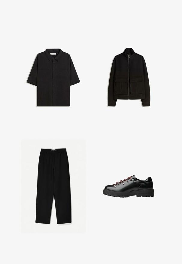 Čierna fleecová bunda s vysokým golierom, plným zipsom, dvoma prednými vreckami na nášivky a rebrovanými manžetami. Hladká textúra s štruktúrovaným dizajnom.; Čierna košeľa s krátkym rukávom, golierom, dvoma prednými vreckami, zapínaním na gombíky a hladkou textúrou látky.; Čierne nohavice s širokými nohavicami vyrobené z ľahkej tkaniny. Majú elasticitu v páse a hladký povrch. Bez viditeľných vzorov alebo kovania.; Čierna kožená turistická obuv so svojím podpisovým červeným a bielym šnurovaním, veľkými očkami a robustnou podrážkou s vrúbkovaním pre lepšiu priľnavosť a stabilitu.