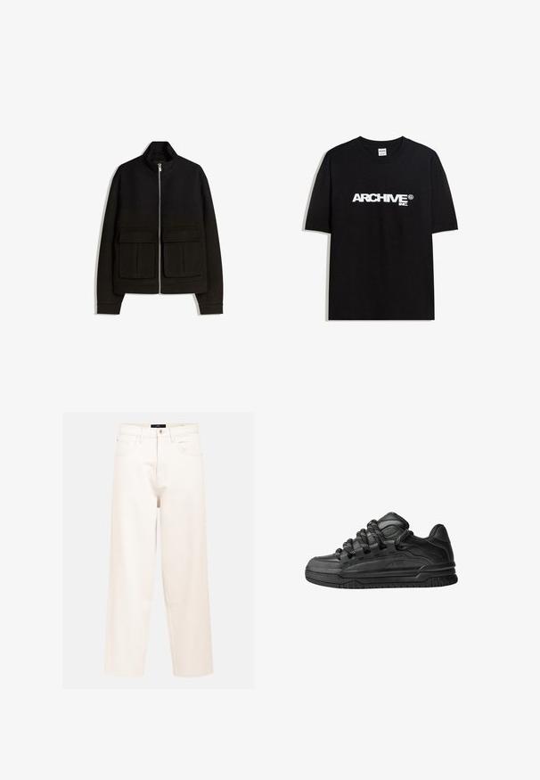 Black fleece jacket with a high collar, full zipper, two front patch pockets, and ribbed cuffs. Smooth texture with structured design.; Black cotton T-shirt featuring a white "ARCHIVE inc." logo across the chest, short sleeves, and a crew neckline.; Light beige wide-leg jeans in cotton denim with a high waist, five-pocket design, and a single front button closure.; Black sneakers with a smooth leather upper, textured accents, and round black and white laces. Thick rubber sole with a patterned tread.