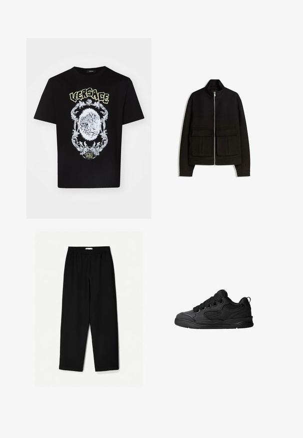 Čierna fleecová bunda s vysokým golierom, plným zipsom, dvoma prednými vreckami na nášivky a rebrovanými manžetami. Hladká textúra s štruktúrovaným dizajnom.; Čierne bavlnené tričko s detailným bielym grafickým dizajnom, ktorý obsahuje centrálny medailón a text "VERSACE" vyššie a "1978" nižšie.; Čierne nohavice s širokými nohavicami vyrobené z ľahkej tkaniny. Majú elasticitu v páse a hladký povrch. Bez viditeľných vzorov alebo kovania.; Čierne tenisky s textúrovaným zvrškom, s šnúrkami, sieťovinovými akcentmi pre priedušnosť, polstrovaným golierom a pevnou podošvou.