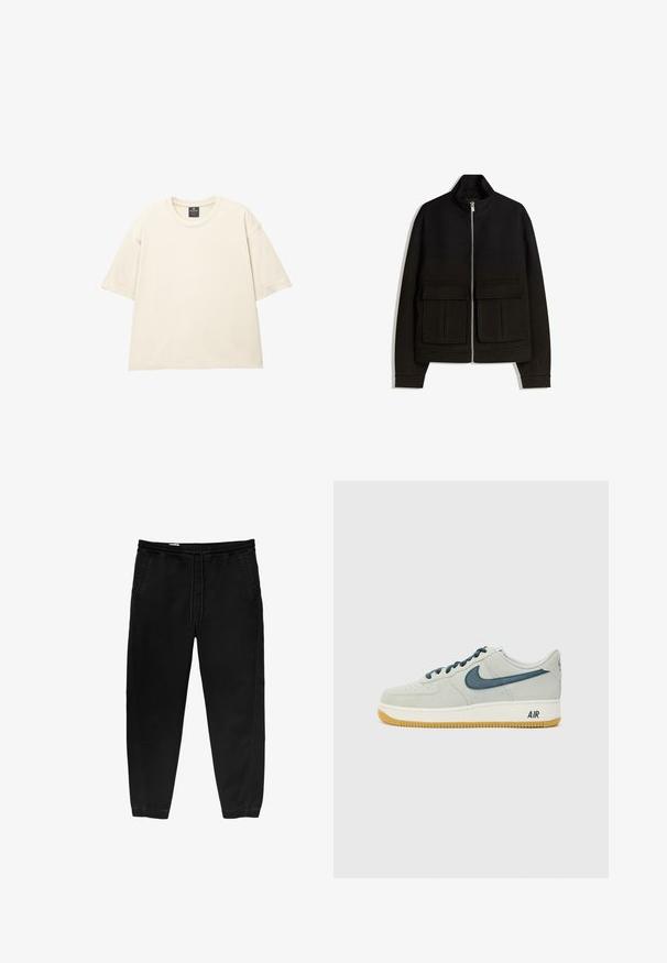 Čierna fleecová bunda s vysokým golierom, plným zipsom, dvoma prednými vreckami na nášivky a rebrovanými manžetami. Hladká textúra s štruktúrovaným dizajnom.; Nadmérná béžová tričko vyrobené z jemné bavlny, s kulatým výstřihem, krátkými rukávy a čistým, jednoduchým šitím. Žádné vzory ani grafika.; Čierne nohavice s elastickým pásom a šnúrkou na stiahnutie, so zúženými nohavicami, bočnými vreckami a jemnými detailmi švov na boku. Mäkká textúra bavlnenej tkaniny.; Svetlošedé semišové tenisky s námorníckymi akcentmi, okrúhlou špičkou, šnúrkami a gumovou podrážkou. Na päte sa nachádza značka "AIR".