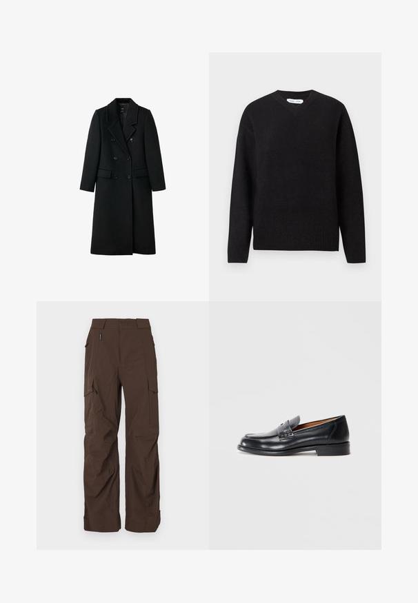 Černý dvouřadový vlněný kabát s úzkým střihem, se zářezovými klopami, dvěma předními kapsami a knoflíkovým zapínáním, s rovnou siluetou.; Černý svetr s výstřihem do V, vyrobený z měkké směsi vlny, s dlouhými rukávy a žebrovanými manžetami a lemem. Jednoduchý, klasický design bez vzorů nebo akcentů.; Pulovr s krátkým rukávem v šedé vlně, s tmavě šedým diamantovým vzorem a bílými švy. Klasický límec s knoflíky.; Hnědé cargo kalhoty se rovný střih, vyrobené z odolné látky. Obsahují několik kapes a bezpečný design pasu.; Černý kožený mokasín s kulatou špičkou, prošitými detaily a hladkým povrchem. Disponuje nízkým podpatkem a designem na obutí.