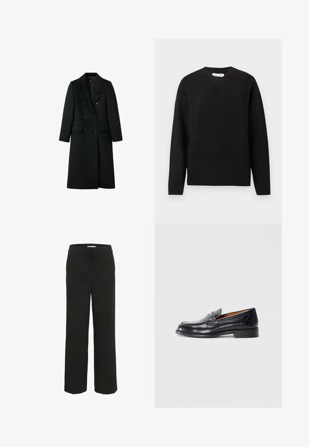 Palton din lână negru, cu guler dublu și design ajustat, cu rever tip notch, două buzunare frontale și închidere cu nasturi, având un croi drept.; Pulover negru cu guler în V, dintr-un amestec moale de lână, cu mâneci lungi și manșete și tiv ribelate. Design simplu, clasic, fără modele sau accente.; Pulover polo cu mânecă scurtă din lână gri, cu un model în romb de culoare gri închis și accente de cusături albe. Guler clasic cu butoane.; Pantaloni largi cu dungi negre, cu un talie plată și bucle pentru curea, confecționați dintr-un material țesut, având dungi verticale de o culoare contrastantă.; Mocasin din piele neagră cu vârful rotunjit, detalii cusute și o textură netedă. Dispune de un toc mic și un design slip-on.
