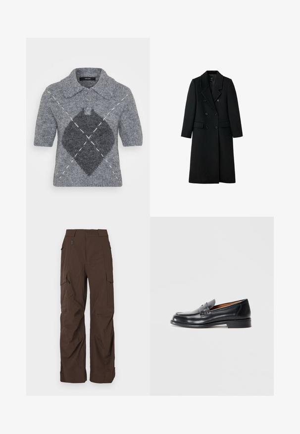 Palton din lână negru, cu guler dublu și design ajustat, cu rever tip notch, două buzunare frontale și închidere cu nasturi, având un croi drept.; Pulover negru cu guler în V, dintr-un amestec moale de lână, cu mâneci lungi și manșete și tiv ribelate. Design simplu, clasic, fără modele sau accente.; Pulover polo cu mânecă scurtă din lână gri, cu un model în romb de culoare gri închis și accente de cusături albe. Guler clasic cu butoane.; Pantaloni cargo maro cu croială dreaptă, realizați dintr-un material durabil. Au multiple buzunare și un design sigur al taliei.; Mocasin din piele neagră cu vârful rotunjit, detalii cusute și o textură netedă. Dispune de un toc mic și un design slip-on.