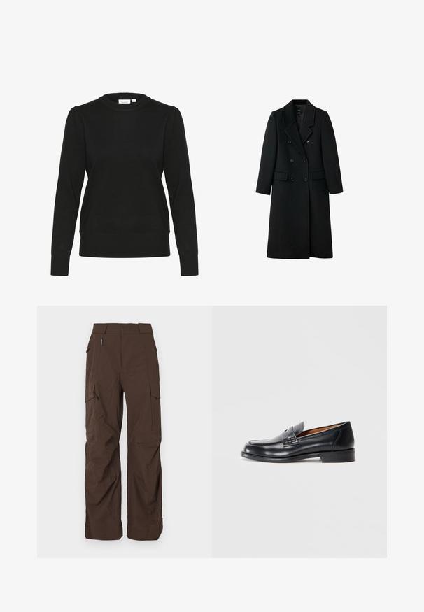 Czarny, dwurzędowy wełniany płaszcz o dopasowanym kroju, z klapami w kształcie litery notch, dwoma przednimi kieszeniami i zapięciem na guziki, charakteryzujący się prostym krojem.; Czarny sweter dzianinowy z długimi rękawami, okrągłym dekoltem oraz prążkowanymi mankietami i dołem. Ma subtelne bufki na rękawach, co dodaje mu tekstury.; Koszulka polo z krótkim rękawem z szarej wełny, z ciemnoszarym wzorem w diamenty i białymi akcentami przeszyć. Klasyczny kołnierzyk z guzikami.; Brązowe spodnie cargo o prostym kroju, wykonane z trwałego materiału. Posiadają liczne kieszenie oraz bezpieczny krój pasa.; Czarny skórzany mokasyn z zaokrąglonym noskiem, przeszyciami i gładką fakturą. Posiada niski obcas oraz łatwy do zakładania fason.