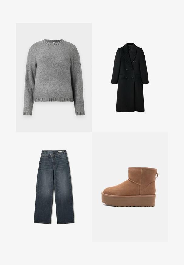 Black, double-breasted wool coat with a tailored design, notch lapels, two front pockets, and button closures, featuring a straight cut.; Grey knitted sweater with a round neckline, long sleeves, and ribbed accents at the cuffs and hem. Soft texture with a slightly loose fit.; Dark wash denim jeans with a wide-leg design, featuring a high waist, five pockets, and subtle whiskering on the front.; Tan suede ankle boot with a platform sole, rounded toe, and stitching accents; features a pull tab at the back for easy wear.
