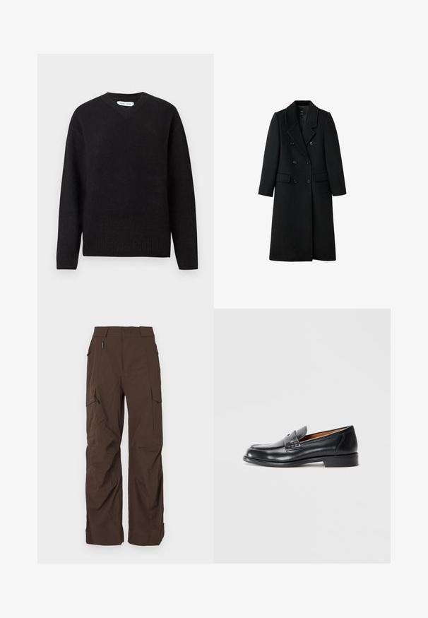 Svart, doublérad ullkappa med skräddarsydd design, slagkrage, två framfickor och knappstängning, med rak passform.; Svart v-ringad tröja i mjuk ullblandning, med långa ärmar och ribbade muddar och nederkant. Enkel, klassisk design utan mönster eller dekorationer.; Kortärmad polo-tröja i grå ull, med ett mörkgrått diamantmönster och vita sömnadsdetaljer. Klassisk krage med knappar.; Bruna cargobyxor med rak skärning, tillverkade av ett slitstarkt tyg. Har flera fickor och en säker midjedesign.; Svarta läderloafer med rund tå, sömdekor och en slät yta. Har låg klack och är lätt att ta på.