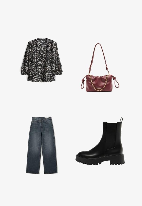 Black, double-breasted wool coat with a tailored design, notch lapels, two front pockets, and button closures, featuring a straight cut.; Black blouse with a cream abstract pattern, featuring a V-neckline, button front, and gathered sleeves for a relaxed fit. Textured fabric.; Dark wash denim jeans with a wide-leg design, featuring a high waist, five pockets, and subtle whiskering on the front.; Black leather ankle boot with a textured side panel, rounded toe, and chunky platform sole featuring a zigzag tread pattern.; Burgundy leather handbag with a gathered design, gold chain accent, adjustable strap, and logo detail. Features knotted side handles.