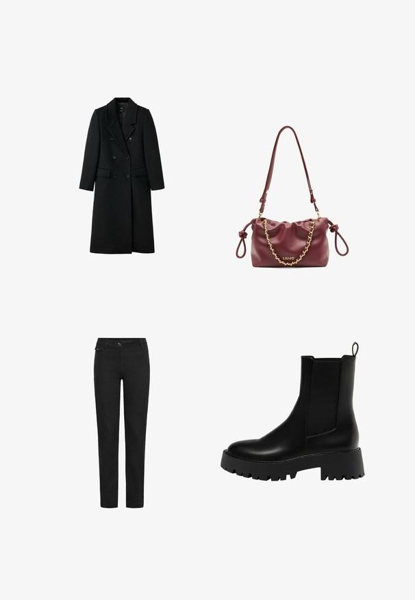 Manteau en laine noir, à double boutonnage, avec une coupe ajustée, des revers en pointe, deux poches avant et des fermetures à bouton, présentant une coupe droite.; Deux tops noirs à manches longues en tissu côtelé doux avec de larges encolures rondes, présentant un design simple et une texture lisse.; Pantalons noirs à jambe droite avec fermeture à bouton, passants de ceinture et une petite poche à rabat sur le côté droit près de la taille.; Bottine en cuir noir avec un panneau latéral texturé, bout rond et semelle épaisse à motif de bande de roulement en zigzag.; Sac à main en cuir bordeaux avec un design froncé, accent en chaîne dorée, bandoulière réglable et détail de logo. Dispose de poignées latérales nouées.
