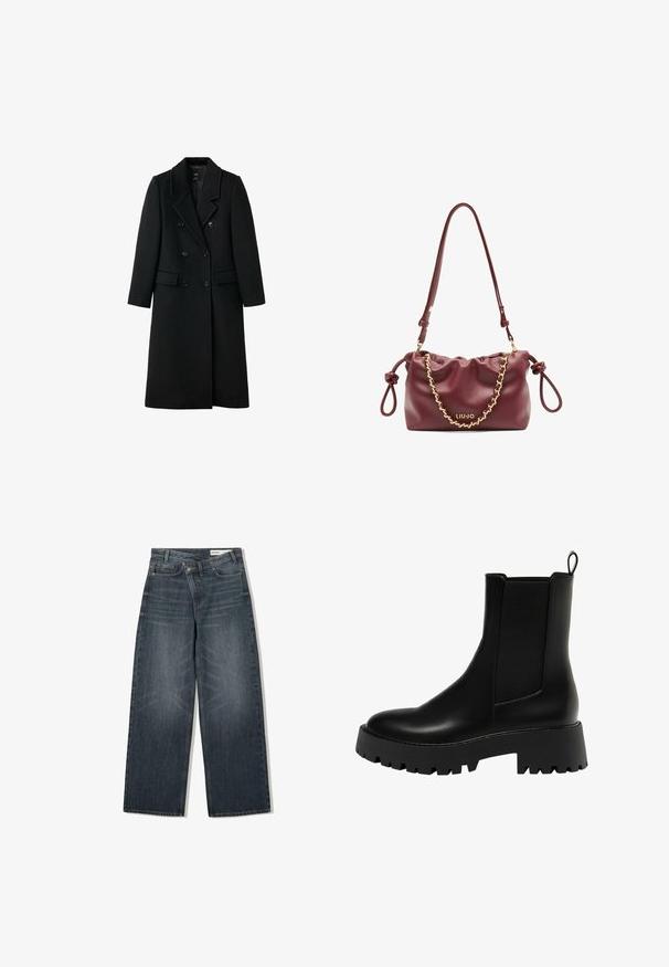 Crni vuneni kaput s dvostrukim kopčanjem, klasičnog kroja, s reverima, dva prednja džepa i kopčama na dugmadima, s ravnim krojem.; Dva crna majica dugih rukava od mekog, rebrastog materijala širokog okruglog izreza, s jednostavnim dizajnom i glatkom teksturom.; Tamno pranje traperice s širokim nogavicama, visokim strukom, pet džepova i suptilnim batikiranjem na prednjem dijelu.; Crne kožne gležnjače s teksturiranim bočnim panelom, okruglim vrhom i debelim platformom s uzorkom zupčanika.; Bordo kožna torba s naboranim dizajnom, zlatnim lančićem kao akcentom, podesivim remenom i detaljem s logotipom. Ima čvoraste bočne ručke.